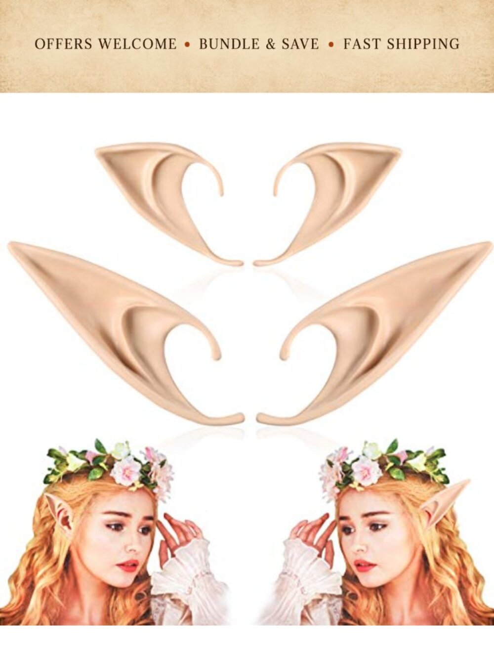 2 Pairs Elf Ears Cosplay Soft Silicone Fairy Pointed Elven Halloween Costume